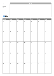 Modelo de calendário mensal vertical com um amplo espaço de notas sem linhas na parte superior e uma grade mensal 7×5 na parte inferior.