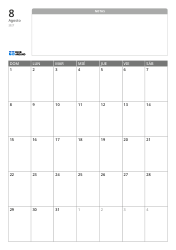 Plantilla de calendario mensual en formato vertical con un amplio espacio de notas sin líneas en la parte superior y una cuadrícula mensual 7×5 en la parte inferior.