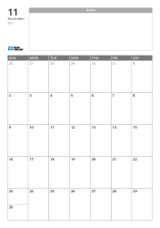 A portrait monthly calendar template with a wide unlined notes section at the top and a 7×5 monthly grid at the bottom.