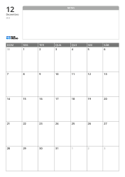 Modelo de calendário mensal vertical com um amplo espaço de notas sem linhas na parte superior e uma grade mensal 7×5 na parte inferior.