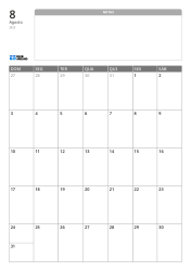 Modelo de calendário mensal vertical com um amplo espaço de notas sem linhas na parte superior e uma grade mensal 7×5 na parte inferior.