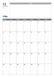 Modello di calendario mensile verticale con un ampio spazio note senza righe in alto e una griglia mensile 7×5 in basso.