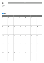 A portrait monthly calendar template with a wide unlined notes section at the top and a 7×5 monthly grid at the bottom.