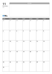 Monatskalendervorlage im Hochformat mit einem breiten, unlinierten Notizbereich oben und einem 7×5-Monatsraster unten.