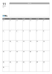 Üstte geniş çizgisiz not alanı, altta ise 7×5 aylık takvim bulunan dikey aylık takvim şablonu.