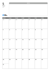 Plantilla de calendario mensual en formato vertical con un amplio espacio de notas sin líneas en la parte superior y una cuadrícula mensual 7×5 en la parte inferior.