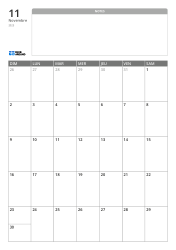 Modèle de calendrier mensuel au format portrait avec un large espace de notes non ligné en haut et une grille mensuelle 7×5 en bas.