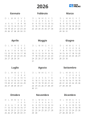 Modello di calendario annuale con mini calendari da gennaio a dicembre su un’unica pagina(Verticale)