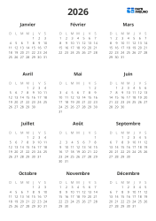 Modèle de calendrier annuel avec mini-calendriers de janvier à décembre sur une seule page(Portrait)