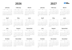 Two-year annual calendar template with mini calendars for this year and next year on one page(Landscape)