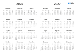 Modello di calendario annuale biennale con mini calendari di quest’anno e del prossimo su un’unica pagina(Orizzontale)