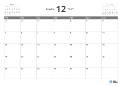 Üst solda önceki ay mini takvimi, üst sağda sonraki ay mini takvimi; altta 7 × 5 aylık takvim – şablon (Yatay).