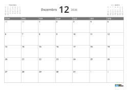 No topo esquerdo, mini calendário do mês anterior; no topo direito, do próximo mês. Abaixo, calendário mensal 7 × 5 – modelo (Horizontal).