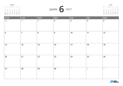 Mini calendario del mes anterior arriba a la izquierda y del siguiente arriba a la derecha; abajo un calendario mensual 7 × 5 – plantilla (Horizontal).