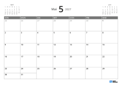 Oben links ein Mini-Kalender des Vormonats, oben rechts einer des Folgemonats. Unten ein Monatskalender 7 × 5 – Vorlage (Querformat).