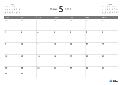 No topo esquerdo, mini calendário do mês anterior; no topo direito, do próximo mês. Abaixo, calendário mensal 7 × 5 – modelo (Horizontal).