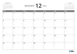 Mini calendario del mes anterior arriba a la izquierda y del siguiente arriba a la derecha; abajo un calendario mensual 7 × 5 – plantilla (Horizontal).