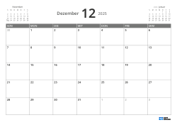 Oben links ein Mini-Kalender des Vormonats, oben rechts einer des Folgemonats. Unten ein Monatskalender 7 × 5 – Vorlage (Querformat).