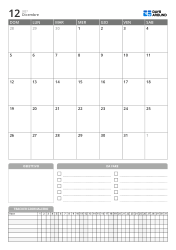 Modello di calendario mensile verticale con obiettivi, lista attività e daily tracker nella parte inferiore