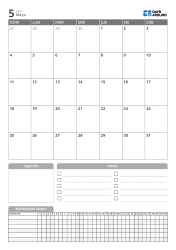 Plantilla de calendario mensual vertical con objetivos, lista de tareas y seguimiento diario en la parte inferior