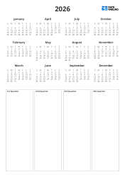 Printable yearly calendar template with monthly mini calendars and a long boxed area at the bottom for key schedules and notes for Q1–Q4 (Portrait)