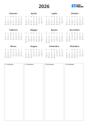 Modello di calendario annuale stampabile con mini calendari mensili e un lungo spazio riquadrato nella parte inferiore per appuntamenti e note dei trimestri 1–4 (Verticale)