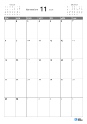 En haut à gauche un mini-calendrier du mois précédent, en haut à droite celui du mois suivant. En bas un calendrier mensuel 7 × 5 – modèle (Vertical).