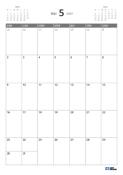 En haut à gauche un mini-calendrier du mois précédent, en haut à droite celui du mois suivant. En bas un calendrier mensuel 7 × 5 – modèle (Vertical).