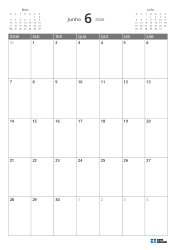 No topo esquerdo, mini calendário do mês anterior; no topo direito, do próximo mês. Abaixo, calendário mensal 7 × 5 – modelo (Vertical).