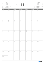 Üst solda önceki ay mini takvimi, üst sağda sonraki ay mini takvimi. Altta 7 × 5 aylık takvim – şablon (Dikey).