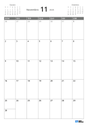 No topo esquerdo, mini calendário do mês anterior; no topo direito, do próximo mês. Abaixo, calendário mensal 7 × 5 – modelo (Vertical).