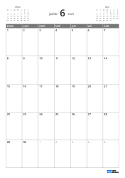 Mini calendario del mes anterior en la parte superior izquierda y del siguiente en la superior derecha; abajo un calendario mensual 7 × 5 – plantilla (Vertical).