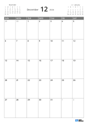 A previous-month mini calendar on the top left, and a next-month mini calendar on the top right, with a 7-column × 5-row monthly calendar below – monthly calendar template (Vertical).