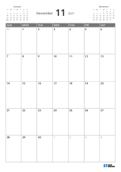 A previous-month mini calendar on the top left, and a next-month mini calendar on the top right, with a 7-column × 5-row monthly calendar below – monthly calendar template (Vertical).