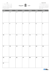 Oben links ein Mini-Kalender des Vormonats, oben rechts einer des Folgemonats. Unten ein Monatskalender 7 Spalten × 5 Zeilen – Monatskalender-Vorlage (Hochformat).