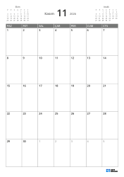 Üst solda önceki ay mini takvimi, üst sağda sonraki ay mini takvimi. Altta 7 × 5 aylık takvim – şablon (Dikey).