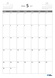 Mini calendario del mes anterior en la parte superior izquierda y del siguiente en la superior derecha; abajo un calendario mensual 7 × 5 – plantilla (Vertical).