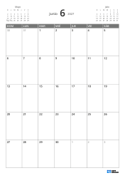 Mini calendario del mes anterior en la parte superior izquierda y del siguiente en la superior derecha; abajo un calendario mensual 7 × 5 – plantilla (Vertical).