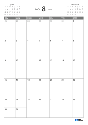 En haut à gauche un mini-calendrier du mois précédent, en haut à droite celui du mois suivant. En bas un calendrier mensuel 7 × 5 – modèle (Vertical).