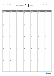 No topo esquerdo, mini calendário do mês anterior; no topo direito, do próximo mês. Abaixo, calendário mensal 7 × 5 – modelo (Vertical).