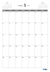 In alto a sinistra il mini calendario del mese precedente, a destra quello del mese successivo. In basso un calendario mensile 7 × 5 – modello (Verticale).