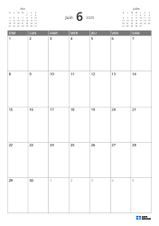 En haut à gauche un mini-calendrier du mois précédent, en haut à droite celui du mois suivant. En bas un calendrier mensuel 7 × 5 – modèle (Vertical).
