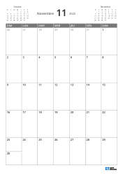 En haut à gauche un mini-calendrier du mois précédent, en haut à droite celui du mois suivant. En bas un calendrier mensuel 7 × 5 – modèle (Vertical).