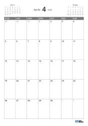 In alto a sinistra il mini calendario del mese precedente, a destra quello del mese successivo. In basso un calendario mensile 7 × 5 – modello (Verticale).