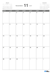 In alto a sinistra il mini calendario del mese precedente, a destra quello del mese successivo. In basso un calendario mensile 7 × 5 – modello (Verticale).