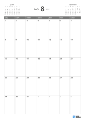 En haut à gauche un mini-calendrier du mois précédent, en haut à droite celui du mois suivant. En bas un calendrier mensuel 7 × 5 – modèle (Vertical).