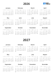 Two-year annual calendar template with mini calendars for this year and next year on one page(Portrait)