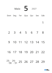 Modelo de calendário mensal em formato retrato com datas grandes e alta legibilidade