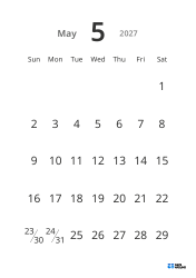 Portrait monthly calendar template with large dates and high readability