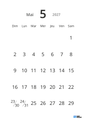 Modèle de calendrier mensuel portrait avec grandes dates et haute lisibilité